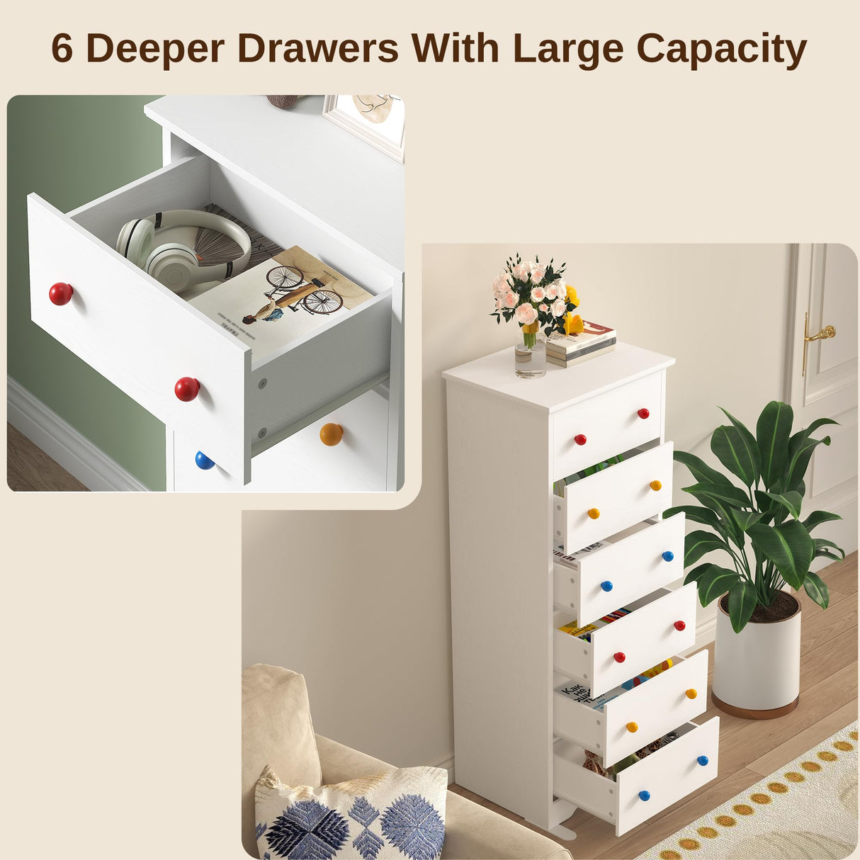 LIKIMIO Small Dresser Tall, 6 Drawer Tall Skinny Dresser with Colorful Handles, Chest of Drawers for Bedroom, 51.5" H Modern Wooden Floor Storage Cabinet with Metal Sliding Rail, White LIKIMIO