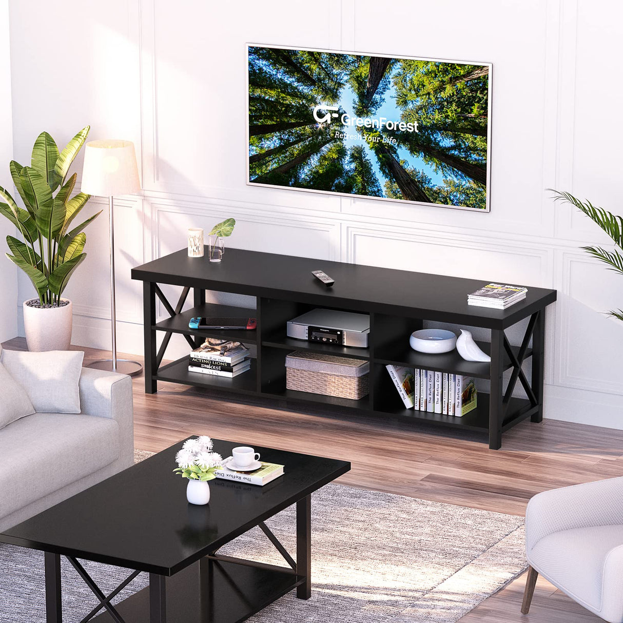 GreenForest TV Stand for TV up to 65 inches, Entertainment Center with 6 Storage Cabinet for Living Room, 55 inch Farmhouse Television Stands Console Table, Industrial TV stands for Living Room, Black GreenForest