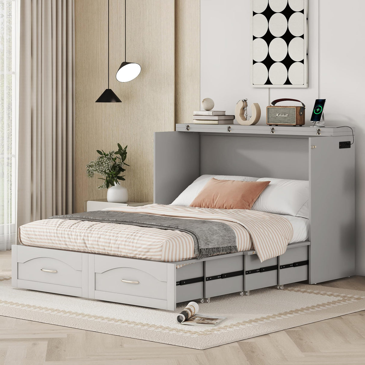 Ball & Cast Murphy Bed Full Size,Cabinet Bed with Drawer and a Set of Sockets,Space Saving Hideaway Wall Bedframe w/USB Ports & Pulley Structure Design,Slat Support,Furniture for Small Space,Gray Ball & Cast