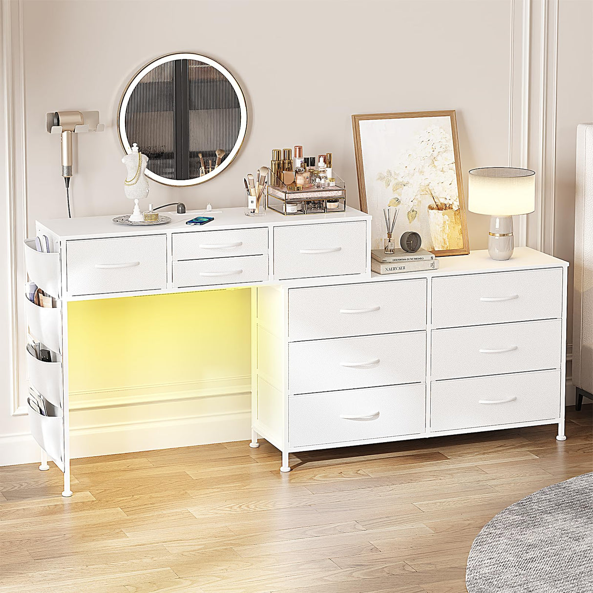 REAHOME Dresser for Bedroom with Charging Station and LED Light, 67" Rotatable Vanity Desk with LED Light and Side Pockets, Makeup Table with 10 Fabric Drawers, Modern Home Office Desks, White REAHOME