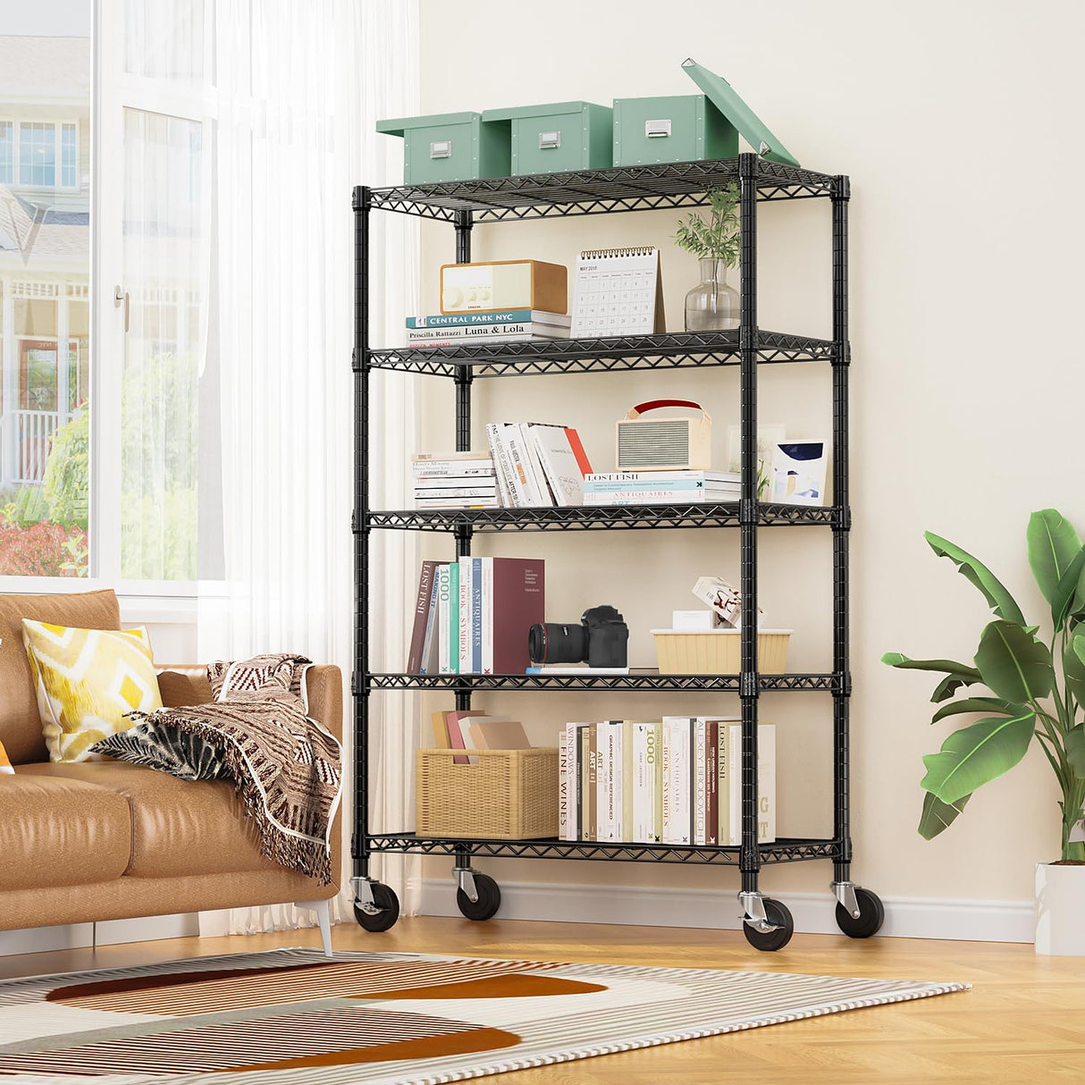 M MZG 5-Shelf Storage Shelves,Wire Shelving Heavy Duty Metal Storage Shelving Unit Adjustable Garage Shelving Rack Pantry Kitchen (Black, 5 Tier,17.7" D x 47.2" W x 76.7" H) M MZG
