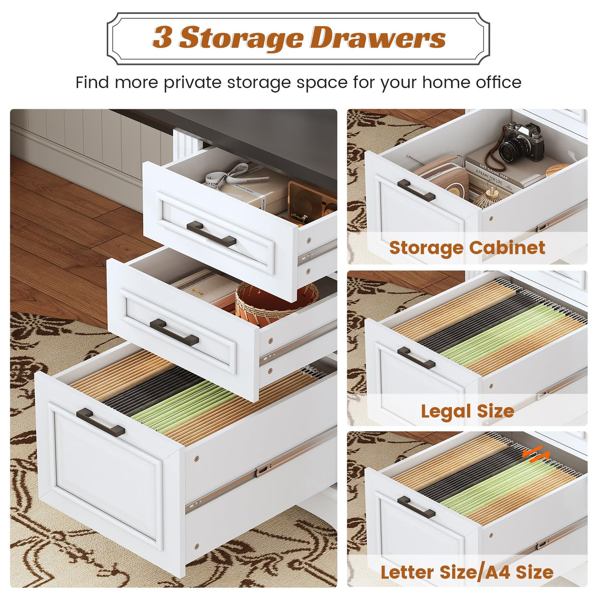 SEDETA Farmhouse 69" Executive L Shaped Desk, Home Office Desk with Drawers and Storage Cabinet & Power Outlet, Corner Computer Desk, White SEDETA