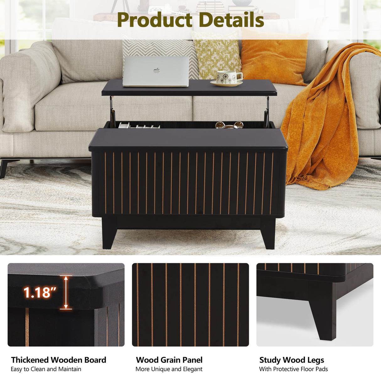 NVETHM Lift Top Coffee Table, Square Coffee Table with Hidden Storage Compartment, Farmhouse Wood Center Table Dining Table for Living Room, Bedroom, Home Office (Black) NVETHM