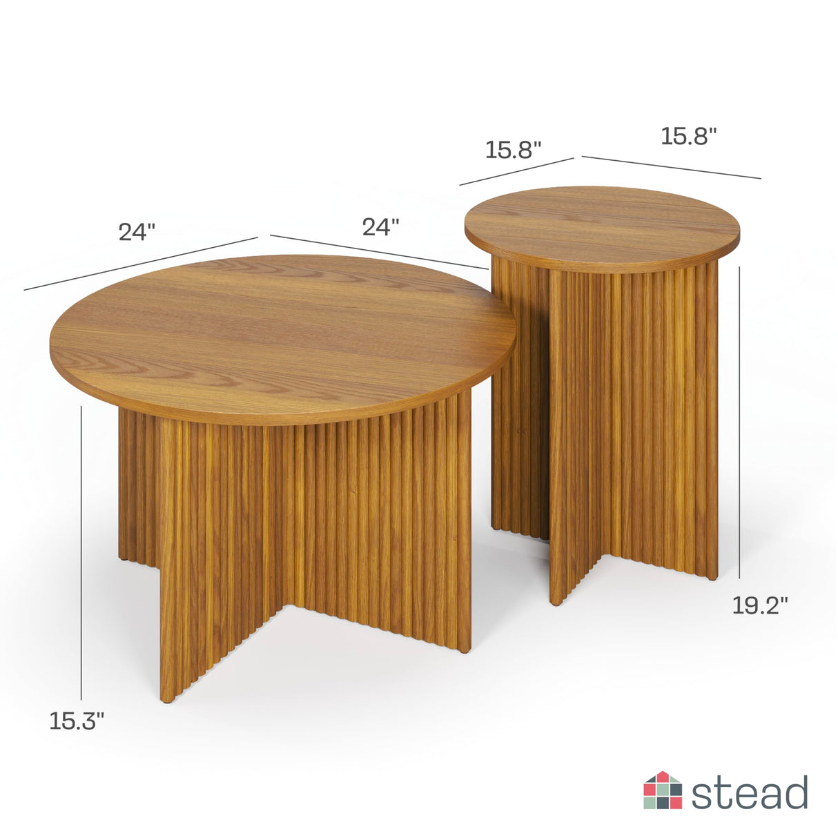 Stead Round Fluted Nesting Coffee Table - 2 Piece Coffee Table Set - Living Room Furniture - Modern Home Decor - Solid Wood Base and Wood Grain Veneer Top (Medium Oak) - Living Room Furniture Sets Stead