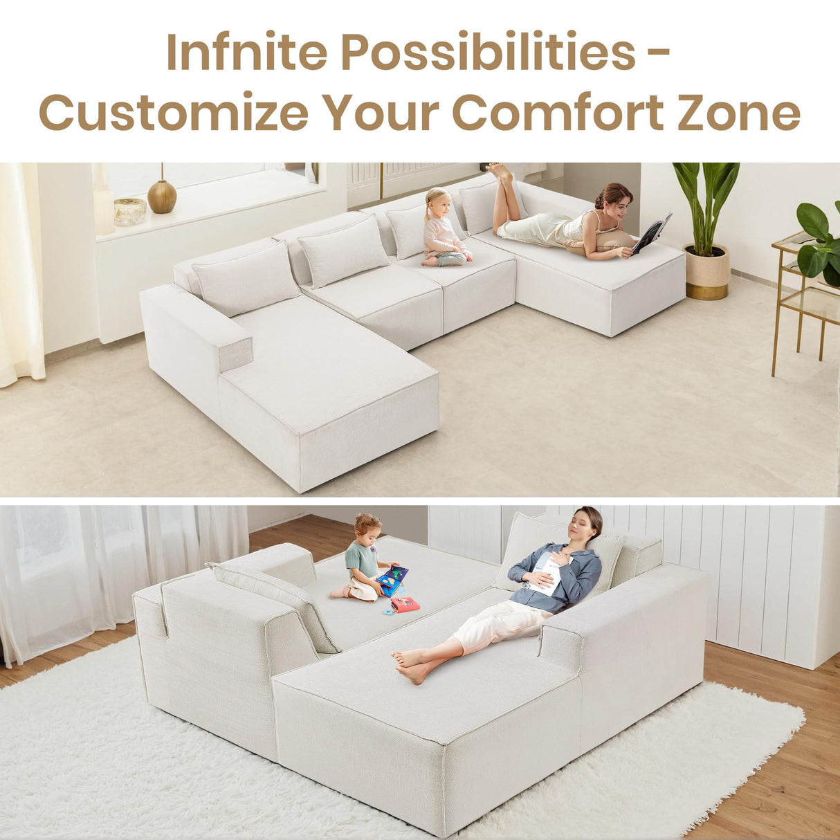 VIKAYAMICS 140" Modular Sectional Sofa, U-Shape Cloud Sectional Couch with Ottoman, Upholstered Chenille Boneless Couch Sofa Set for Living Room Bedroom No Assembly Required (Classic Beige) VIKAYAMICS