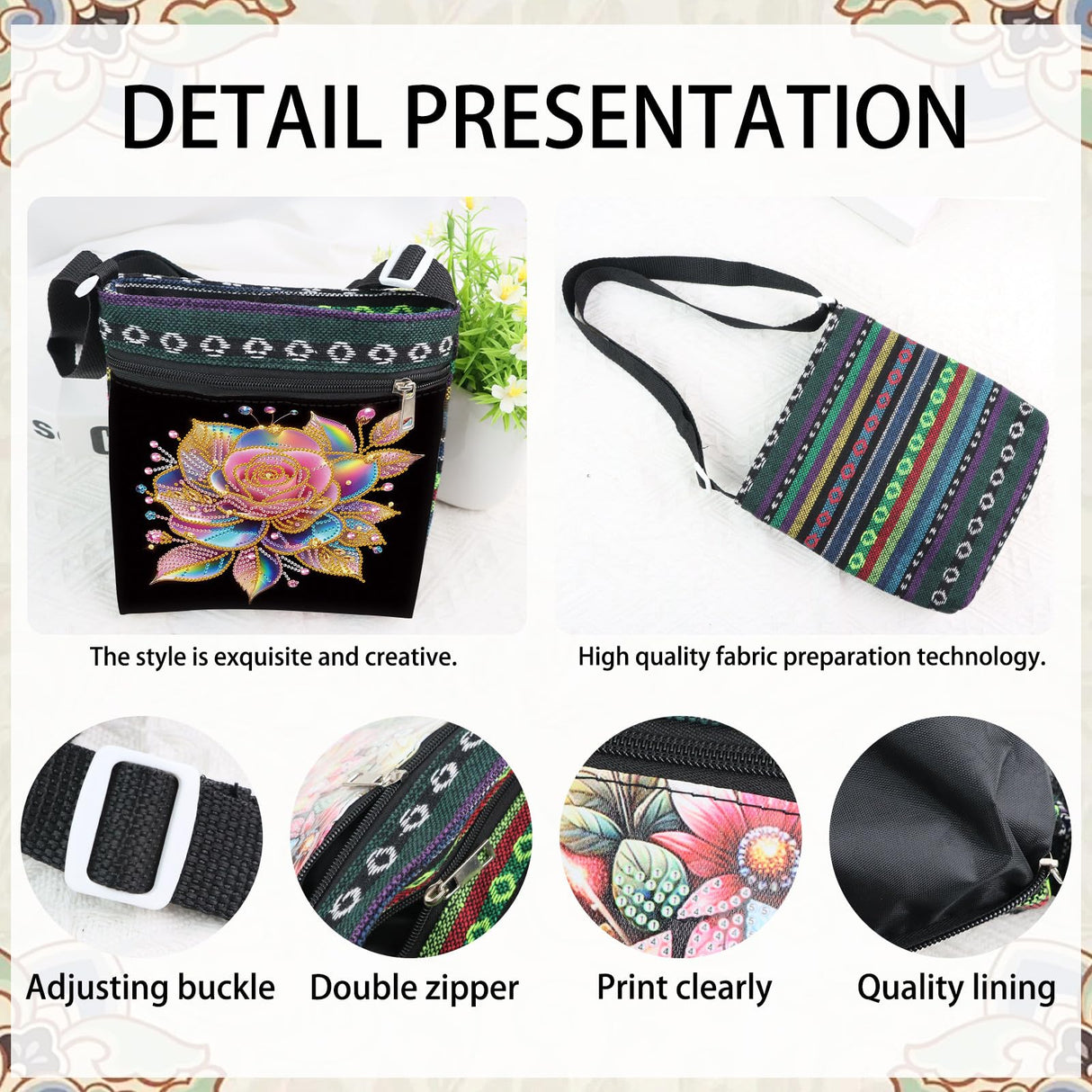 ARTopet DIY Diamond Art Painting Canvas Crossbody Bag Black Ethnic Minority Shoulder Purses Beach Bag Special Shaped Crystal by Numbers Mosaic Kits for Women Travel-Colorful Rose ARTopet