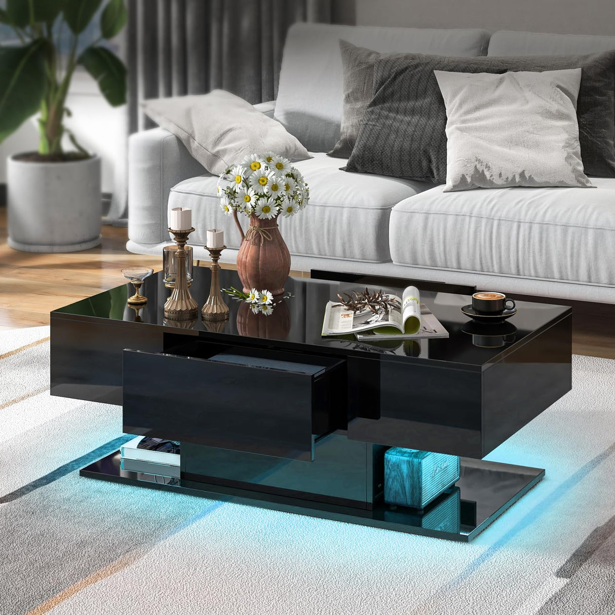 Tangkula LED Coffee Table with 2 Drawers, High Glossy Modern Center Table, 20-Color Dimmable LED Lights & Remote Control, 2-Tier Rectangle Coffee Table for Living Room (with Drawer, Black) Tangkula