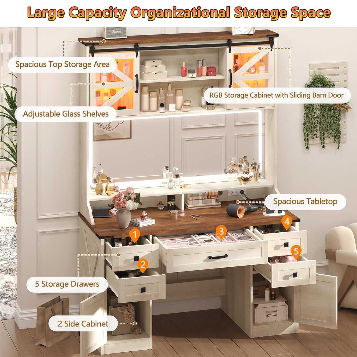 75.2" Farmhouse Makeup Vanity Desk with Large Lighted Mirror and Sliding RGB Cabinets, Large Vanity Table with Charging Station & 5 Drawers & Barn Doors, Tall Makeup Desk with Storage Shelves Aiguazi