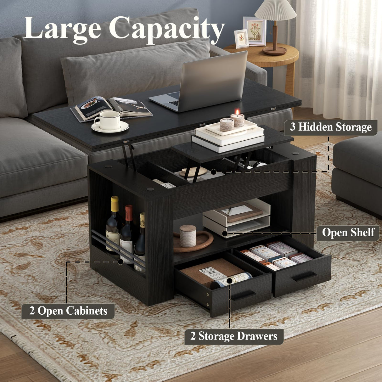 Lift Top Coffee Table, 4 in 1 Multi-Function Coffee Table with Storage Shelf and Hidden Compartment, Center Table with Large Drawers, Converts to Dining Table for Living Room, Home Office (Black) Gyfimoie