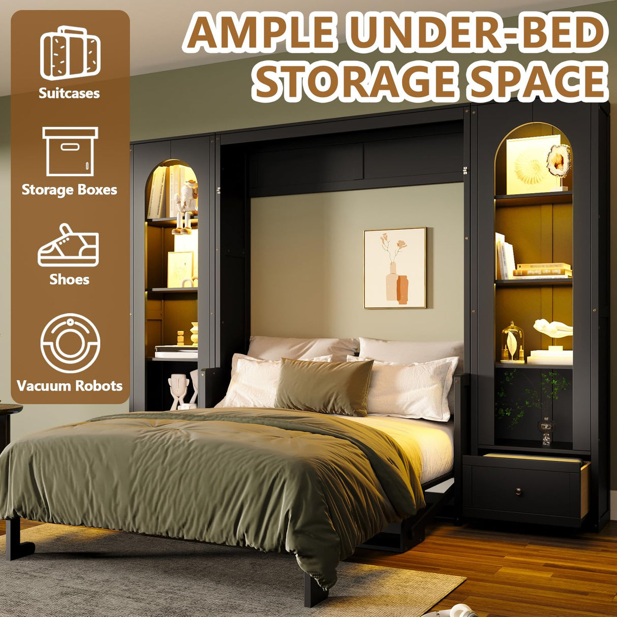 HSUFLWS Queen Size Murphy Bed with Shelves & Cabinets, Foldable Wall Bed with LED Lights, Drawers & Desk, Modern Space Saving Wooden Bed Frame, 500 lbs Capacity (Black) HSUFLWS