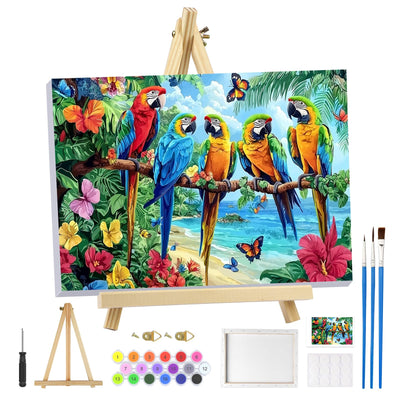 MOGTAA Parrot Paint by Numbers Kit for Adults Beginners with Frame, Landscape Adult Paint by Number Kits on Canvas with Easel, Easy DIY Flowers Oil Painting Kits for Home Decor, 8x12in