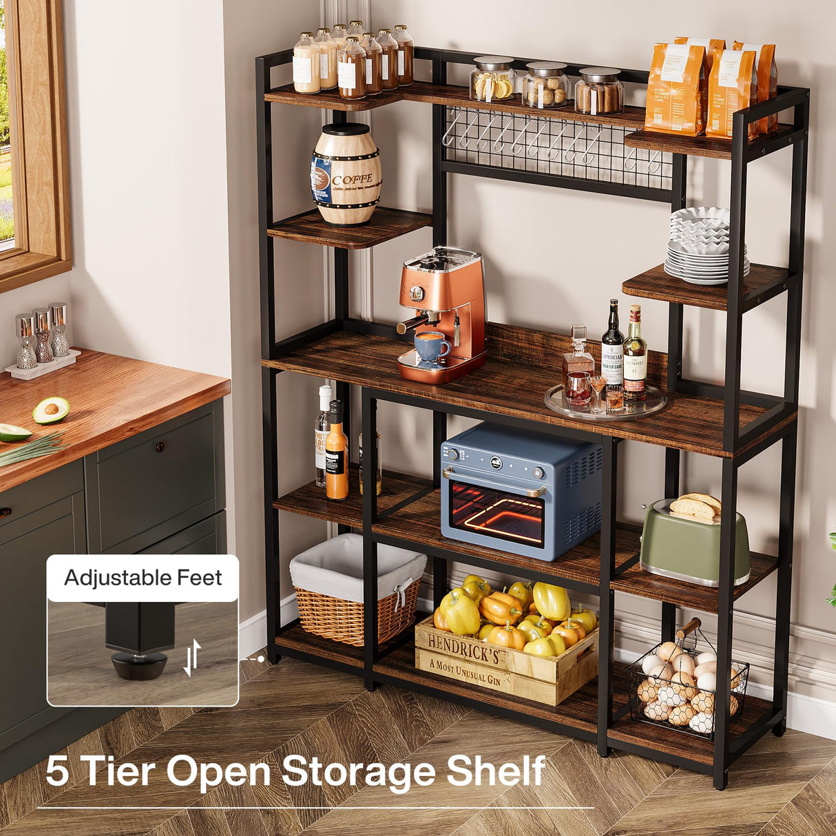 Tribesigns Kitchen Bakers Rack, 5-Tier Microwave Stand with Metal Frame, 55" Wide Kitchen Storage Shelf, Large Coffee Bar Station Baker's Rack with 11 Hooks, Rustic Brown Tribesigns