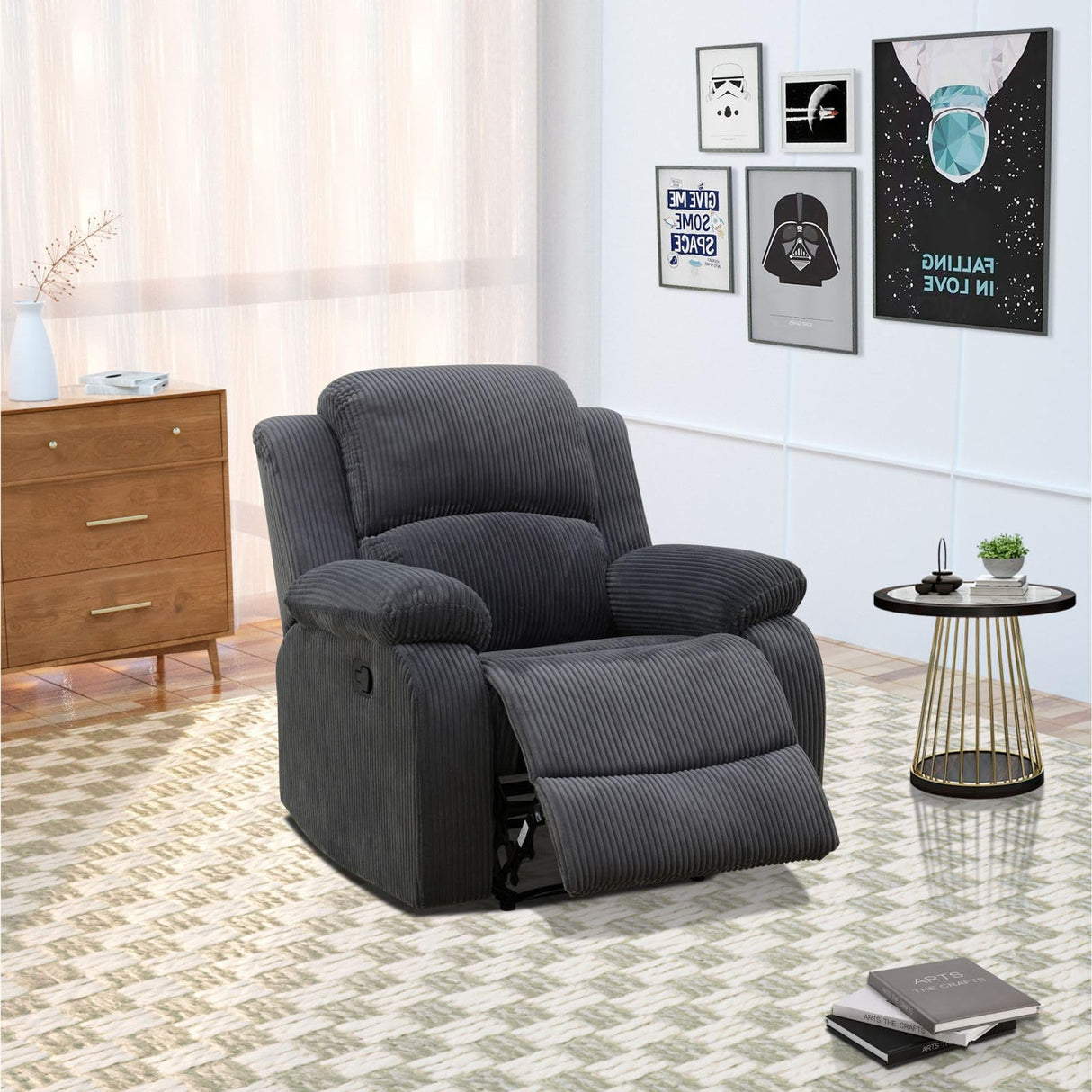 Recliner Chair for Adults, Classic and Traditional Manual Recliner Chair with Overstuffed Arms and Back, Manual Single Sofa, Ergonomic Adjustable Reclining Chairs for Adults, Corduroy-Grey SNKBOAT