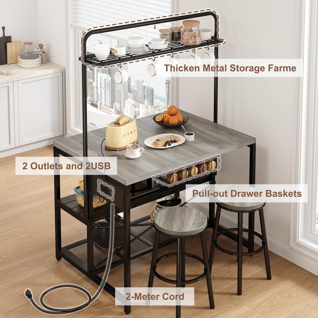 Jocoevol 46" Large Kitchen Island Table Baker Rack with Power Outlet and 3-Tier Storage-Microwave Stand Oven Shelf, Metal Coffee Bar Table,Kitchen Storage Shelf for Dining Living Room, 5 Hooks,Grey Jocoevol