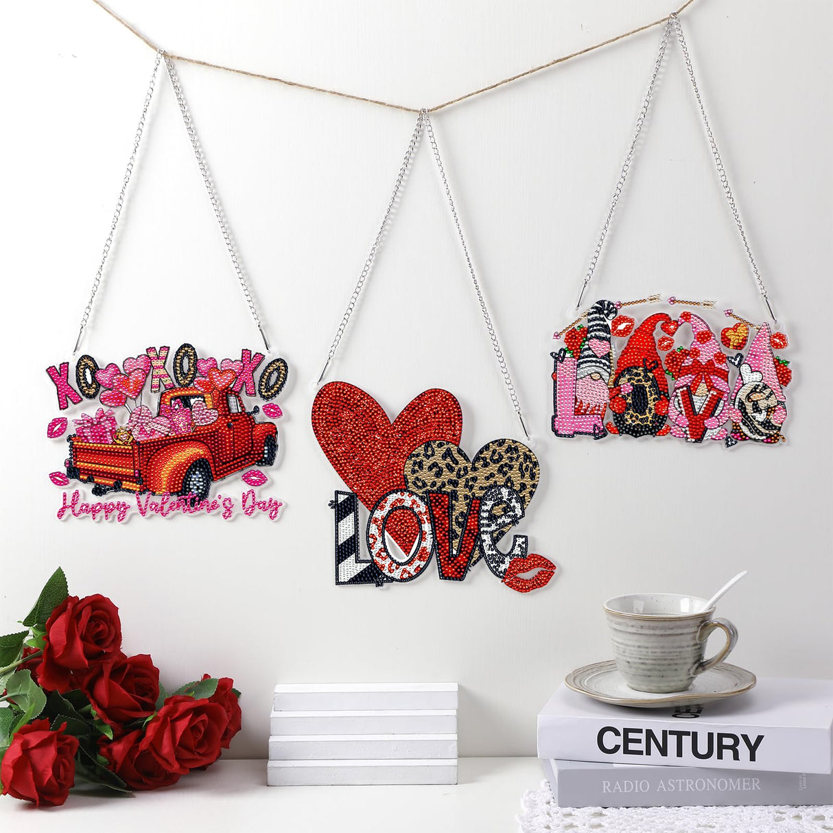 Burbell 3 Pcs Diamond Art Painting Kits - Heart, Love & Gnome Truck Hanging Ornaments & Signs - DIY Painting Art Kits for Adults - Valentine's Day, Window, Door & Wall Decorations Burbell