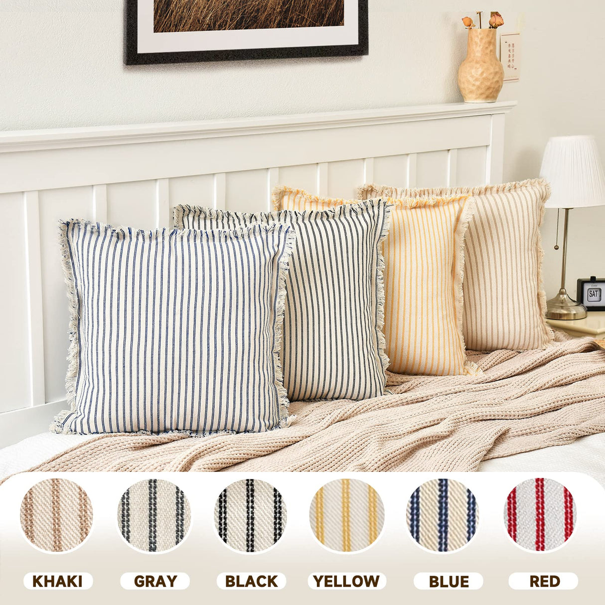 ZWJD Throw Christmas Pillow Covers 18x18 Set of 2 Striped Pillow Covers with Fringe Chic Cotton Decorative Pillows Square Cushion Covers for Sofa Couch Bed Living Room Farmhouse Decor ZWJD