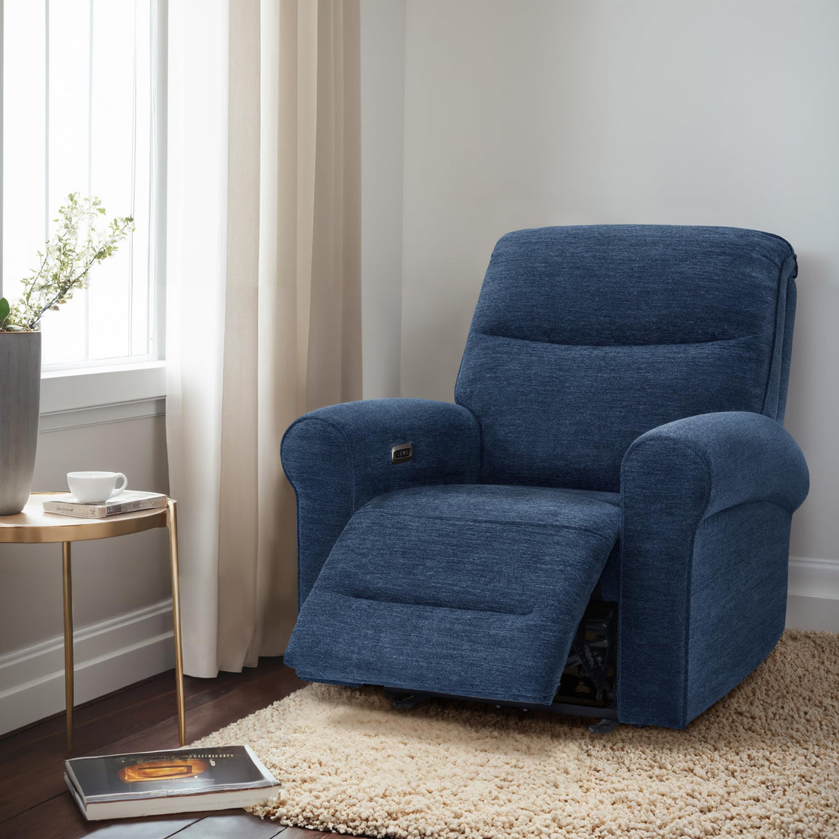 MCombo Power Wall Hugger Recliner Chair for Small Space RV Living Room, USB & USB-C Charging Ports, Modern Rolled Arm Recliner, Fabric PR630 (Navy Blue) MCombo