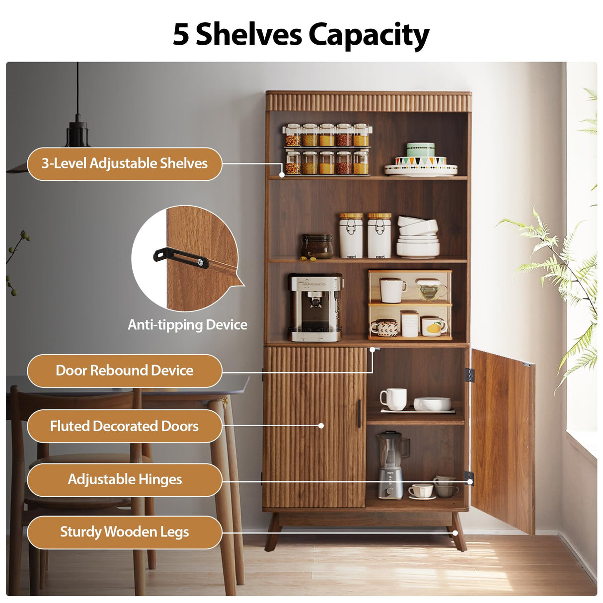68" Fluted Tall Bookcase with Storage Cabinet,Mid-Century Modern 5-Tiers Arched Bookshelf Cabinet with Doors, Arched Bookcase with Open Display Storage Shelf for Home Office Bedroom Living Room,Walnut XUZENEST