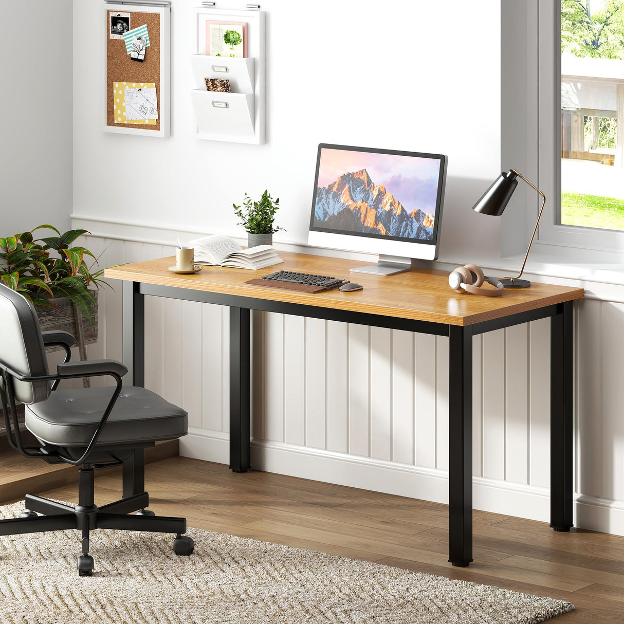 Need Computer Desk, 47 inch Home Office Desk, Modern Simple Style Home Office Gaming Desk, Basic Writing Table for Study Student, Black Metal Frame, Teak Need