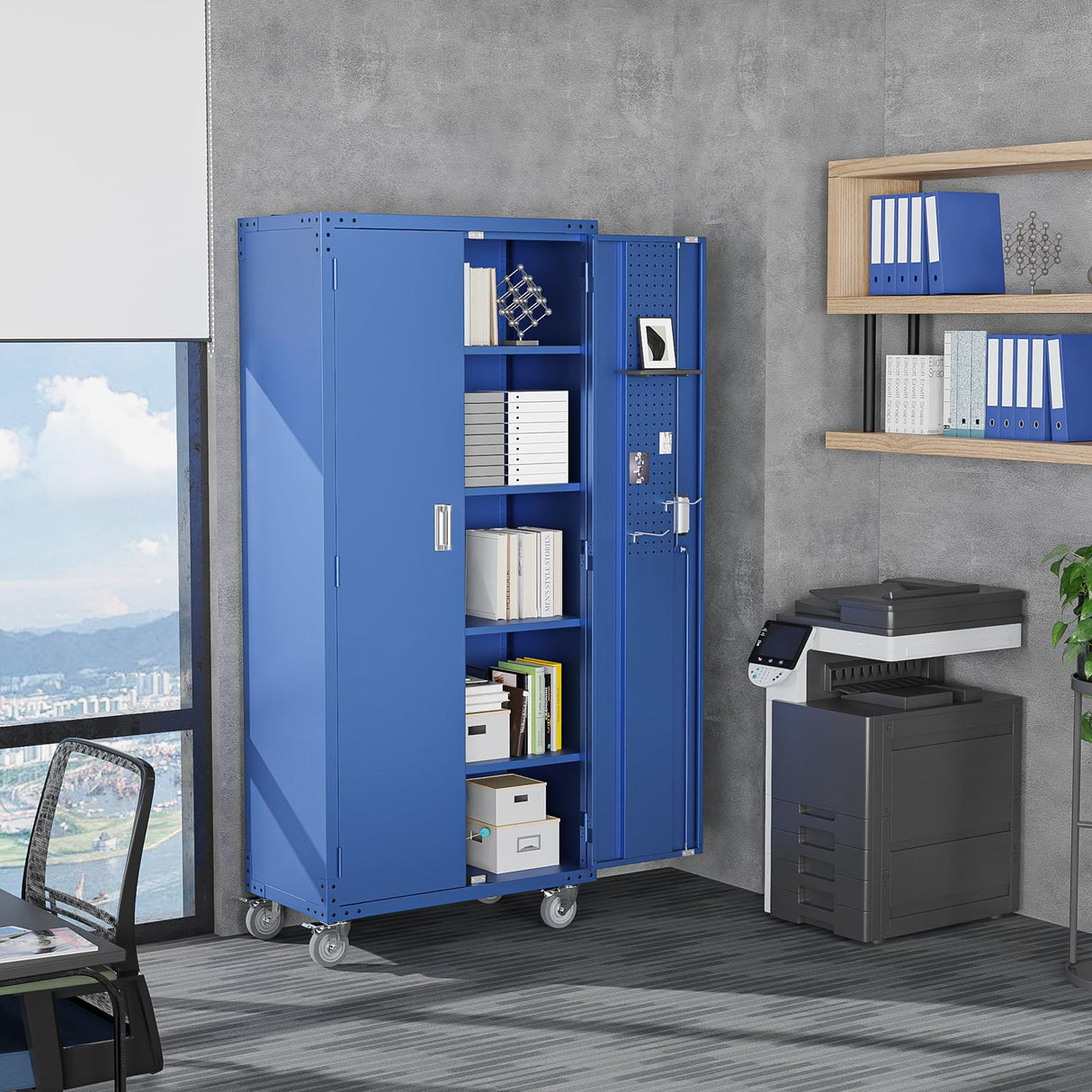 VINGLI 72'' Tall Metal Garage Storage Cabinet with Pegboards, Wheels, Locking Doors and Adjustable Shelves, File Cabinet/Tool Cabinet for Home Office/School (Blue, 32W x 16D x 72H) VINGLI