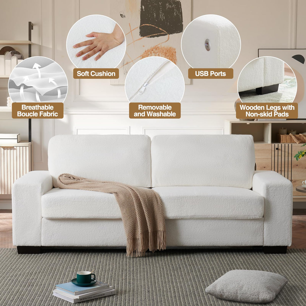 FiveWillowise 79" Loveseat Sofa for Living Room, Modern Comfy Couch with Charging Ports and Solid Wood Legs, Small Couch Sofa for Small Space,Apartment,Bedroom,Livingroom,White FiveWillowise