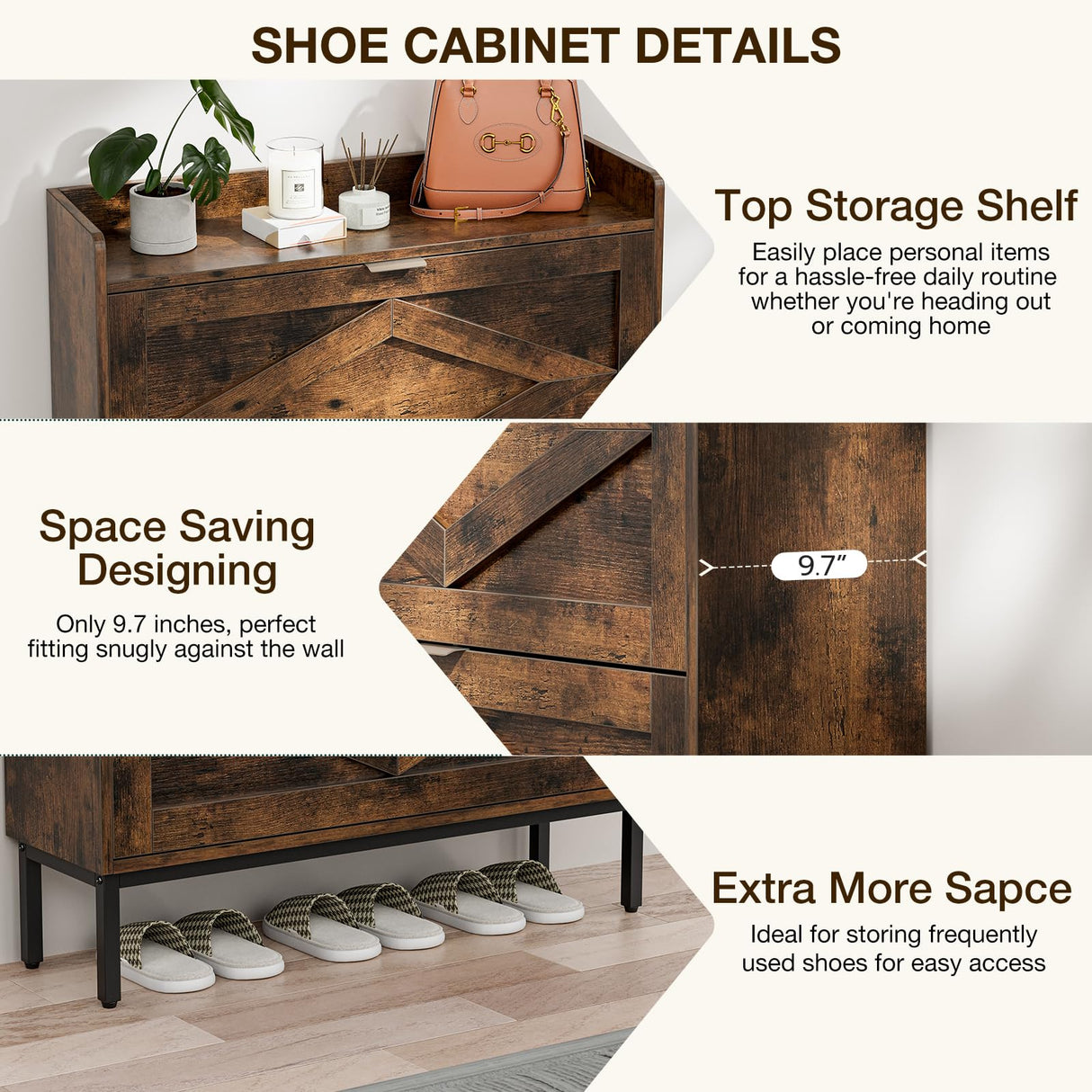 Entryway Shoe Storage Cabinet, Wooden Slim Organizer with 2 Hidden Drawers, Narrow Rack for Shoes, Flip Dresser for Entrance or Hallway, Space-Saving Storage Table, Rustic Brown HMFOR