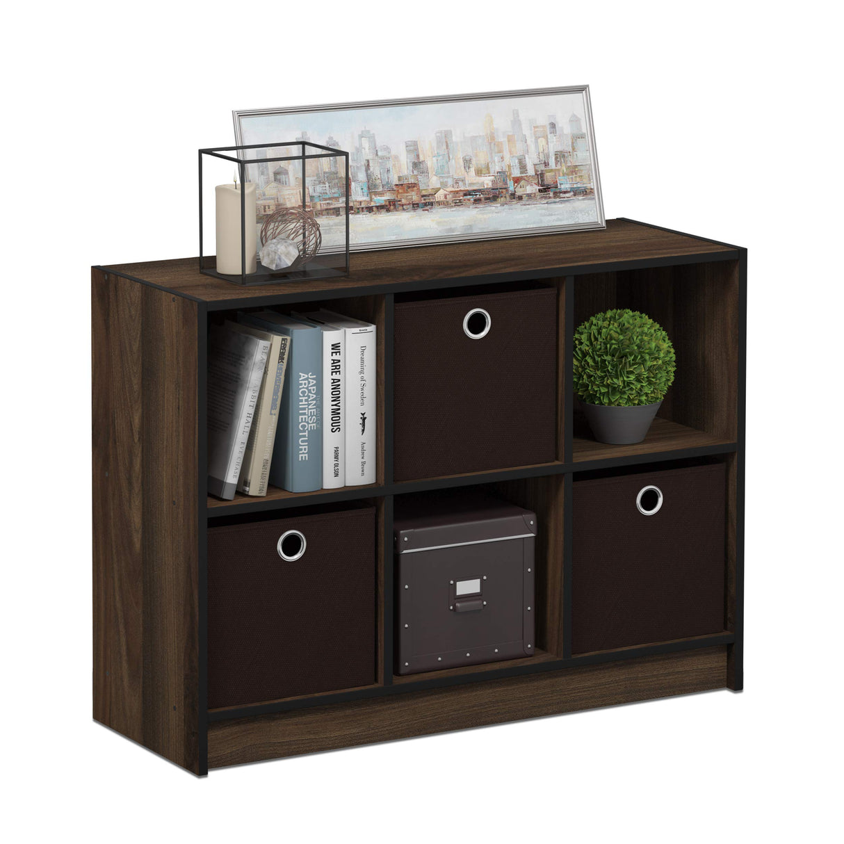 Furinno Basic 3x2 Cube Storage Bookcase Organizer with Bins, Columbia Walnut/Dark Brown Furinno