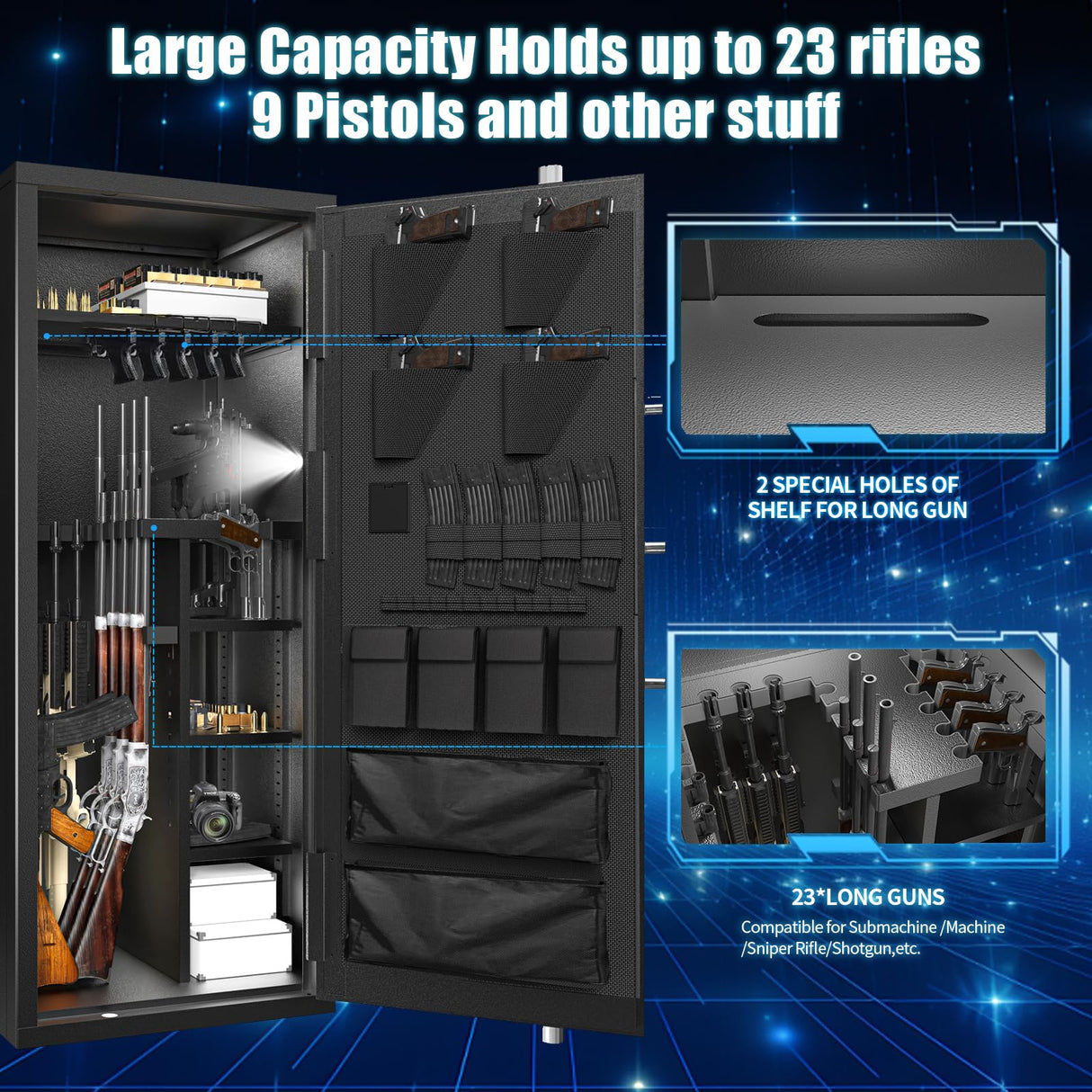 Large Rifle Safe, 30 Gun Safe for Rifle and Shotgun/Rifle Pistol Rack/Storage Pocket/Removable Shelf/Silent Mode/External Battery/LED/Key,180° Open Door Panel Organizer Unassembled Gun Cabinet Safe TTSITG