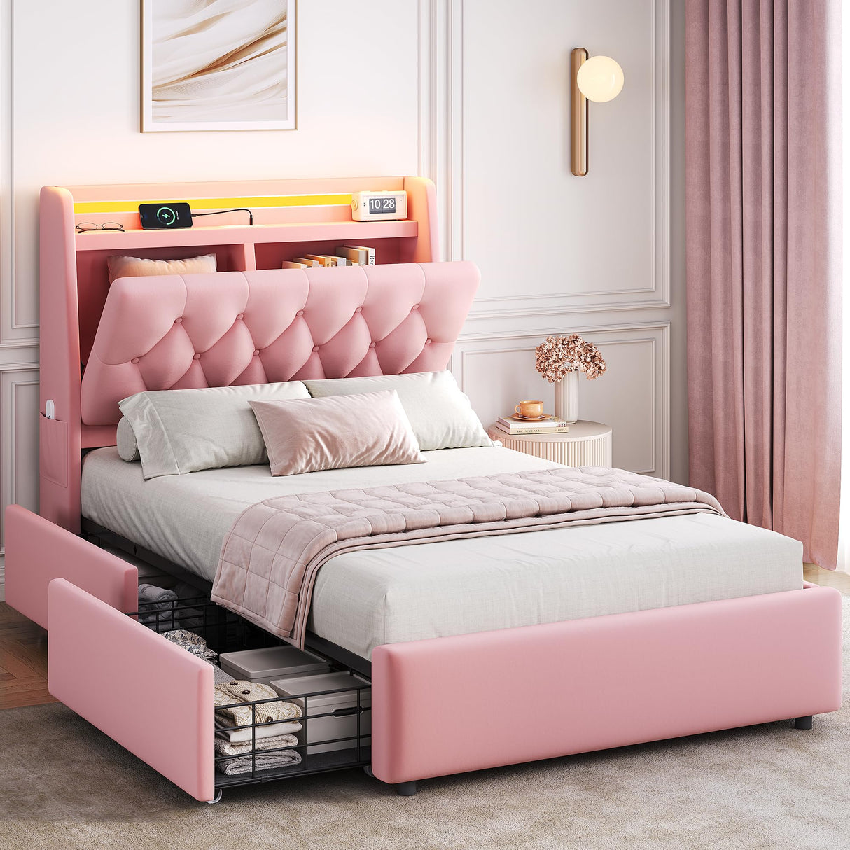 Twin LED Velvet Bed Frame with 2 Storage Drawers&Hidden Headboard, Upholstered Platform Bed with Charging Station&Button Tufted Design, Wooden Slats Support, Box Spring Optional, Easy Assembly, Pink Jocoevol