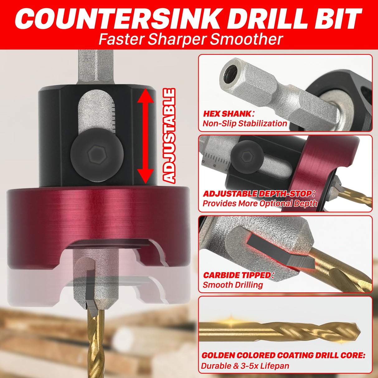 KEENTECH Carbide Tipped 82° Countersink Drill Bit with Depth Stop, 3/8" Dia x 1/8" Drill Diameter x 1/4" Shank, Adjustable Depth Stop with Ball Bearing for High Fine Finish on Softwood and Hardwood KEENTECH