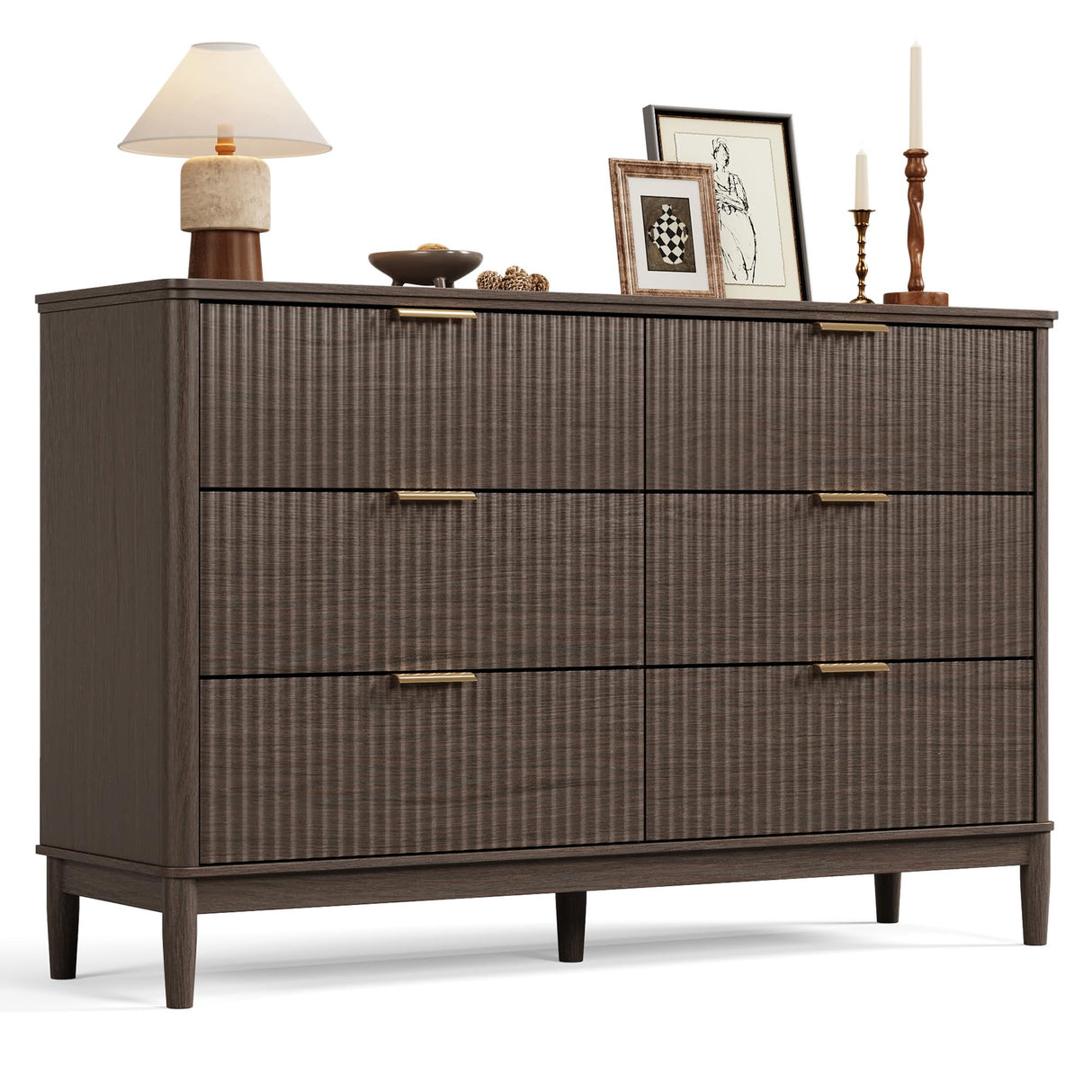 LINSY Fluted Dresser for Bedroom with 6 Drawers, Mid Century Modern Chest of Drawers with Gold Metal Handles, Wide Boho Wood Dressers, Large Farmhouse Storage Cabinet for Bedroom, Living Room, Walnut LINSY