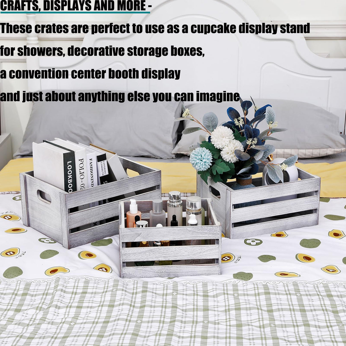 LKMANY Decorative Wood Crates Nesting Crates Storage Container,Rustic Wooden Crates for Storage, Display, Decor, Boxes-Nature Rustic White Set of 3 LKMANY