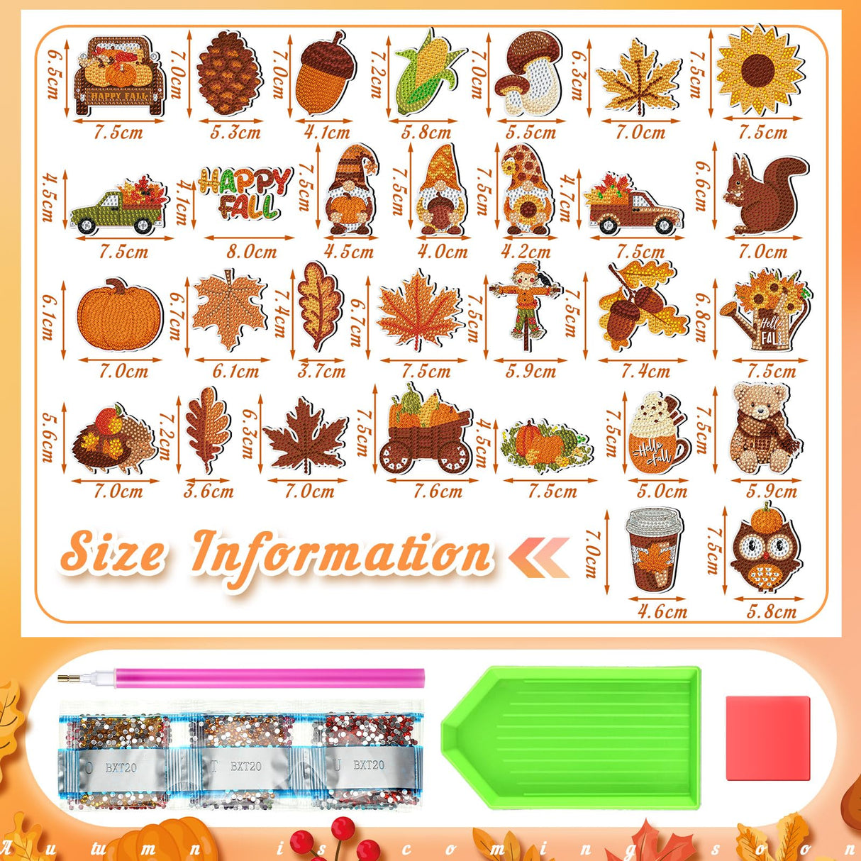 Copkim 30 Pcs Fall Diamond Art Magnets Kits DIY Autumn Pumpkin Maple Leaves Pine Nuts Diamond Painting Happy Fall Fridge Magnetic Stickers Gem Art Magnets for Beginners Holiday Decor Home Copkim