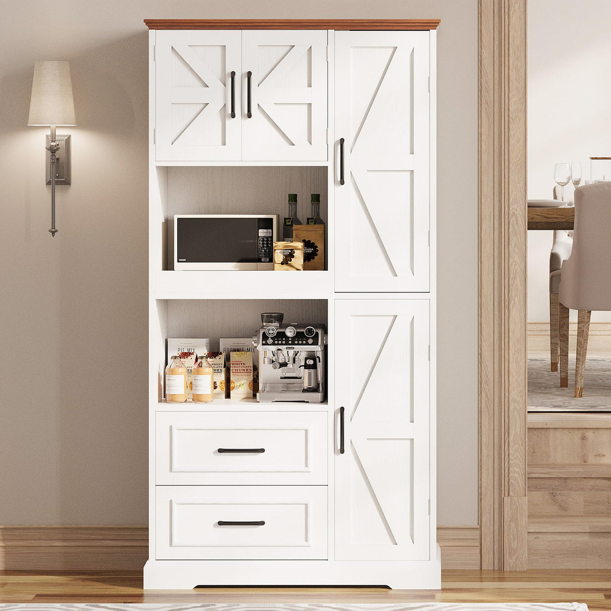 IRONCK Farmhouse Kitchen Pantry Cabinet, Kitchen Hutch Cabinet with Microwave Stand, Tall Food Pantry Cabinet with Storage Drawers and Adjustable Shelf for Kitchen, Dining Room, White IRONCK