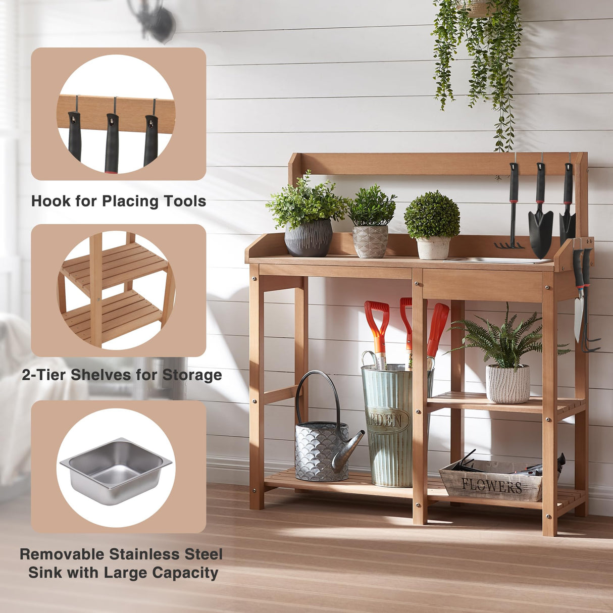 Psilvam Potting Bench, Poly Lumber Potting Table with Removable Stainless Steel Sink and Open Shelves, All-Weather Garden Table Work Station, Planting Table for Garden, Patio and Lawns (Teak Color) Psilvam