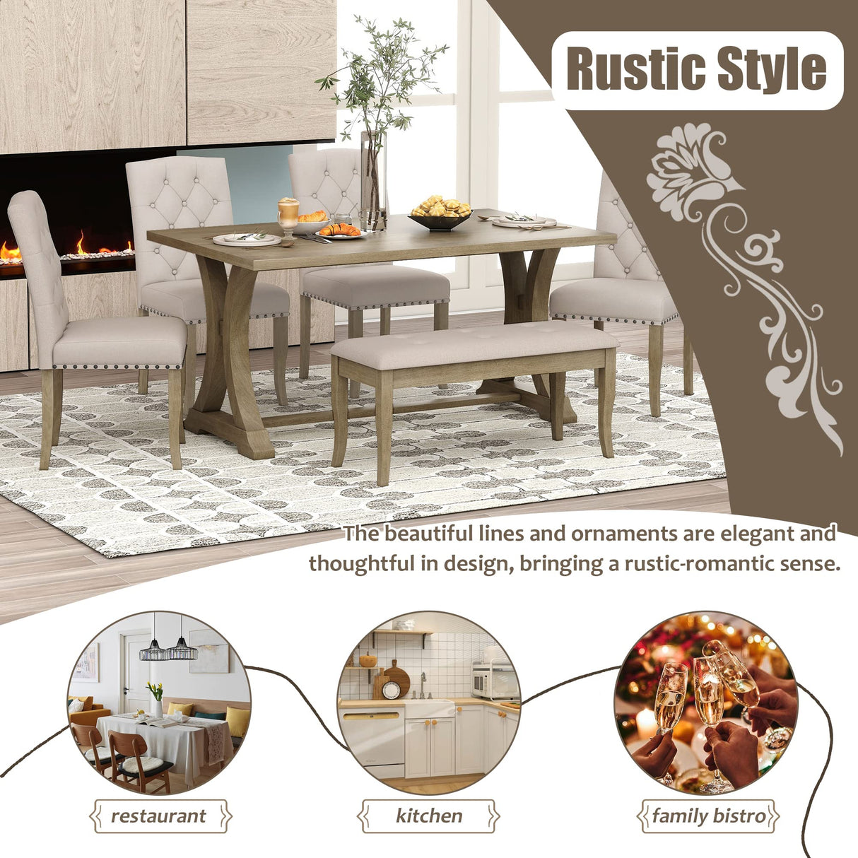 Harper & Bright Designs Classic and Traditional Style 6 - Piece Dining Set, Includes Dining Table, 4 Upholstered Chairs & Bench (White+Gray) (White+Gray) (Natural Wood Wash1) Harper & Bright Designs