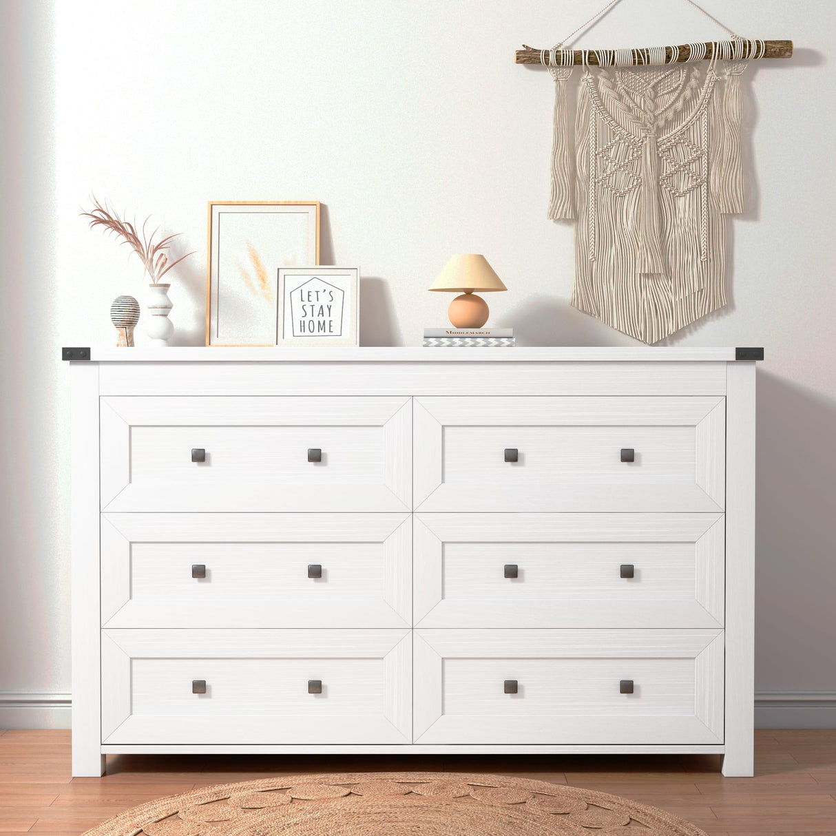 Dresser for Bedroom with 6 Drawers, Farmhouse Wood Chest of Drawers, Wide TV Stand Closet Storage Furniture with Metal Handle, Modern Clothes Organizer for Hallway, Living Room, Entryway, White Xixini