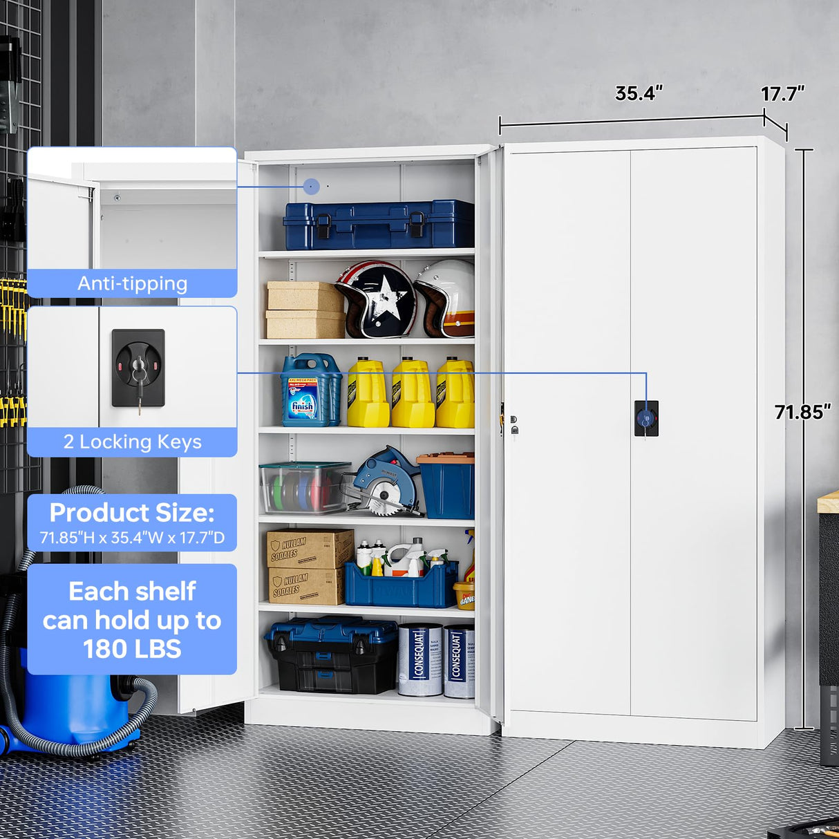 Yizosh Metal Garage Storage Cabinet with Lock, 72" Locking Tool Cabinet with 2 Doors and 5 Shelves, Tall Steel Cabinet for Garage, Heavy Duty File Cabinet for Office, School (White) Yizosh