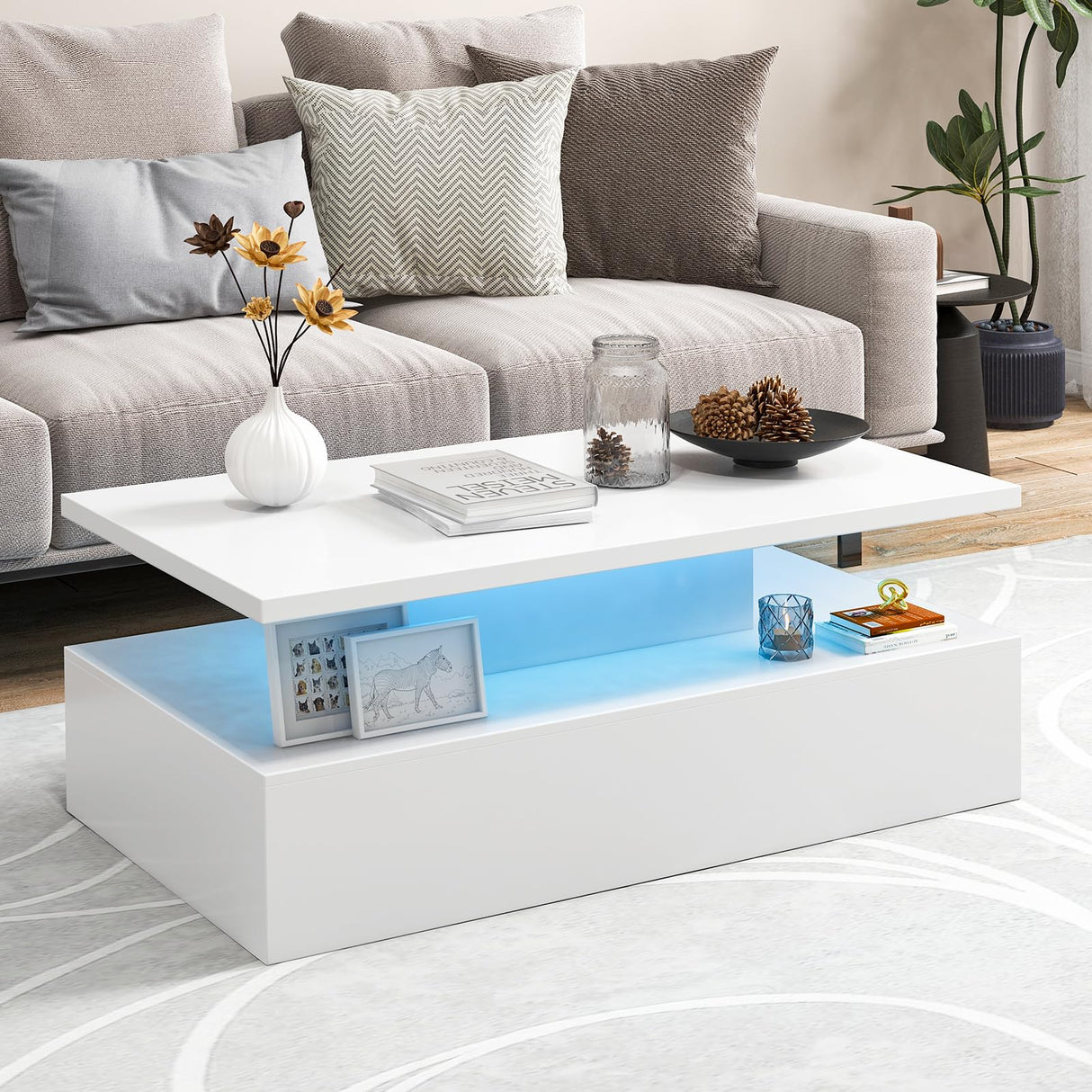 Giantex Modern LED Coffee Table - 2-Tier High Gloss Table w/Adjustable 20-Color Light, 8-Level Brightness & Speed, Remote Control, Contemporary 43.5”L Rectangular Center Table for Living Room (White) Giantex