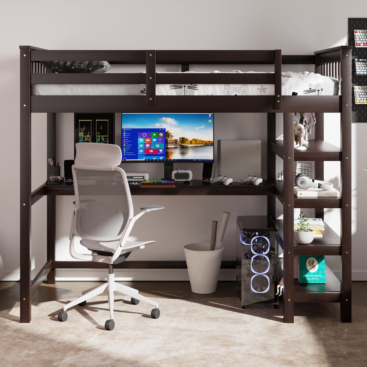 Revamp your space with the Merax Espresso Twin Loft Bed featuring a Desk and Storage Shelves Merax