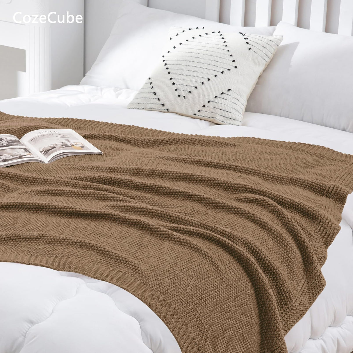 CozeCube Caramel Brown Throw Blanket for Couch, Soft Cozy Cable Knit Throw for Bed Sofa Living Room, Lightweight Warm Decorative Farmhouse Christmas Blanket, 50"x60", Light Brown CozeCube