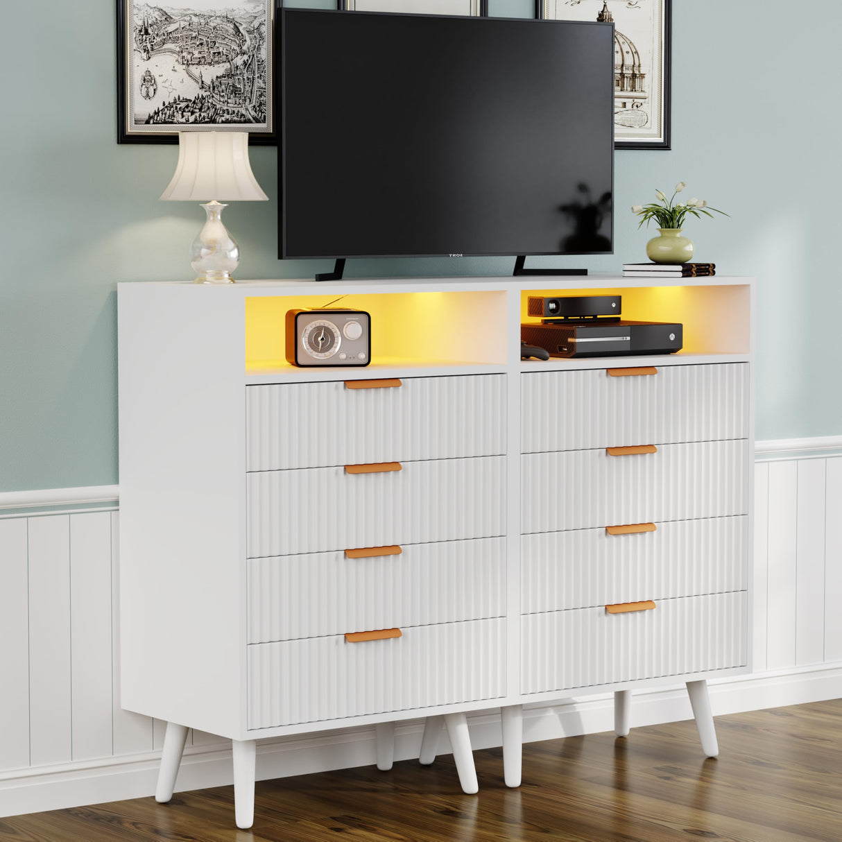 Apeaka 4 Drawer Dresser with LED Light, Wood White Dresser for Bedroom Modern Chest of Drawers 38" Tall Nightstand Bedside Table with Shelf Apeaka