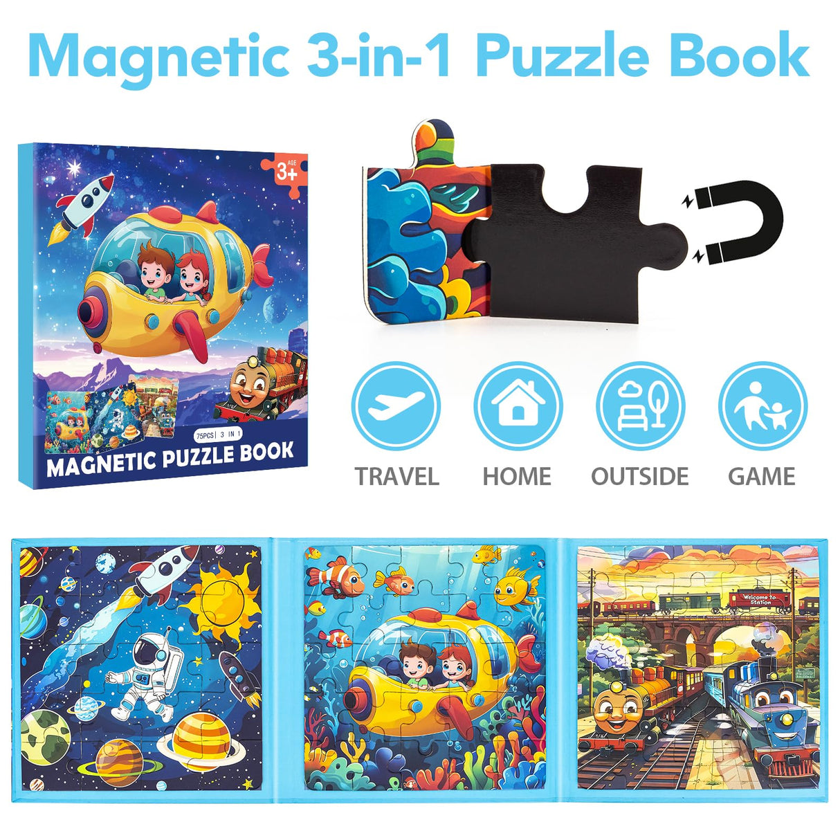 Space Ocean Train Magnetic Puzzles for Kids Ages 3-5, 20-25-30 Pieces Toddler Puzzles, Magnet Travel Jigsaw Puzzles Toys, Preschool Learning Toy Kids Puzzles for 2 3 4 5 6 Year Old Kids Birthday Gifts Jeacirio