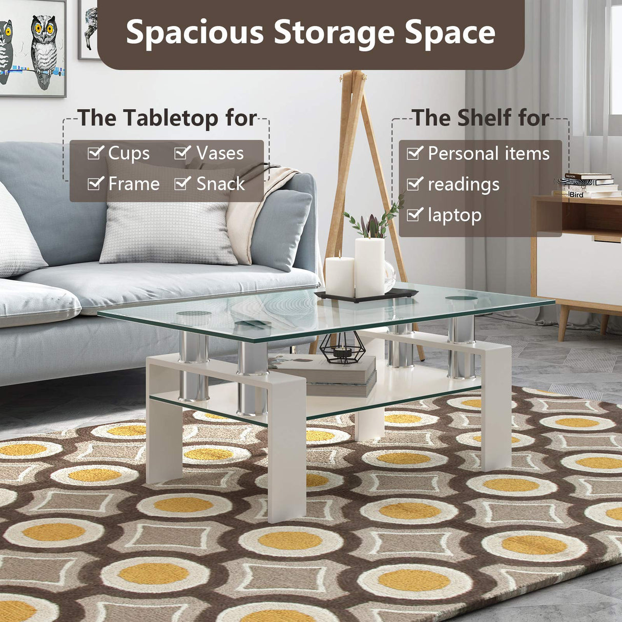 Tangkula Rectangular Glass Coffee Table, Modern Side Coffee Table w/Lower Shelf, Tempered Glass Tabletop & Metal Legs, Suitable for Living Room Office (White) Tangkula