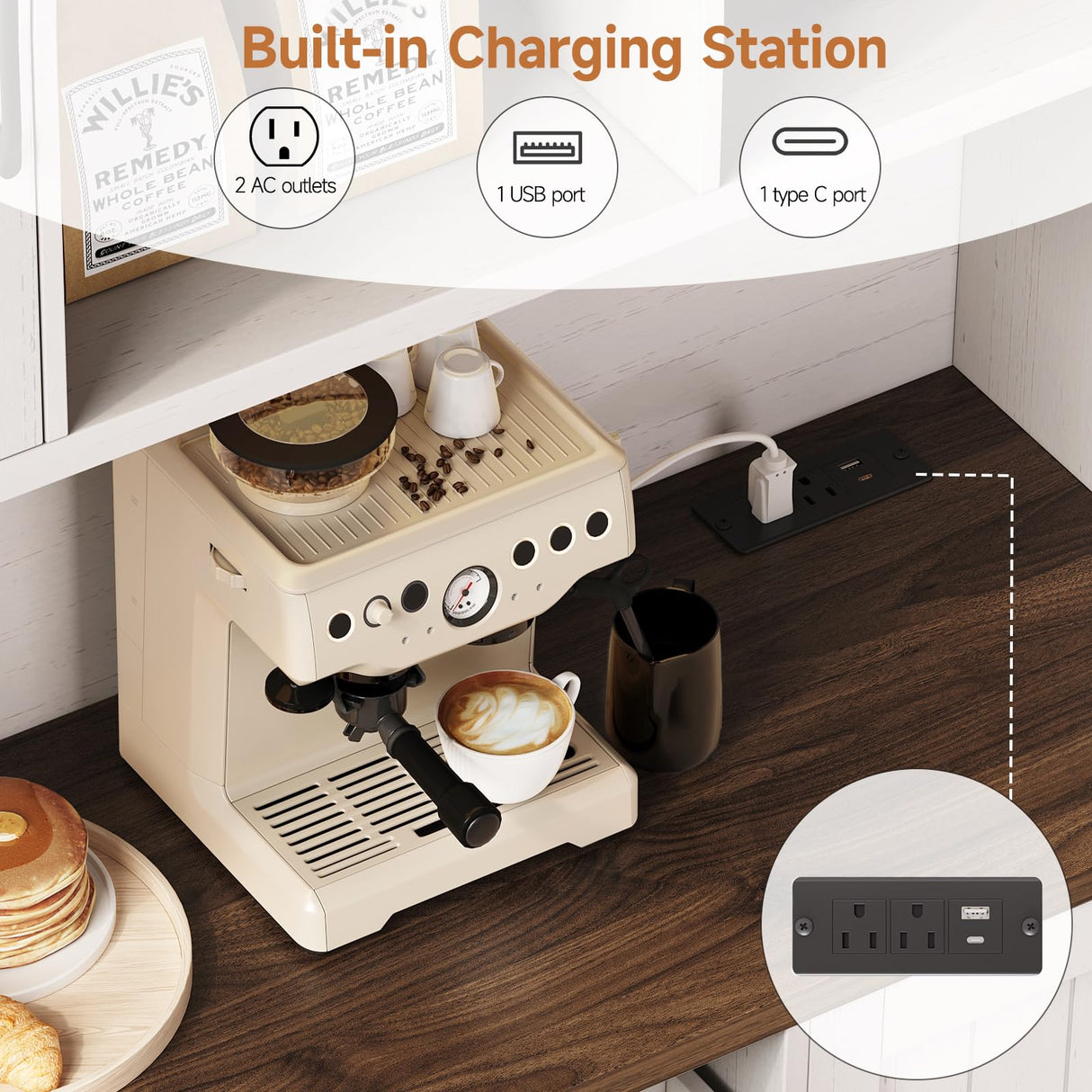 ONBRILL 71" Pantry Cabinet, Kitchen Pantry Storage Cabinet with LED Light & Outlet, Kitchen Hutch with Microwave Shelf & 6 Hook, Door Shelf & Drawer & Adjustable Shelf, Dining Room, Off White+Walnut ONBRILL