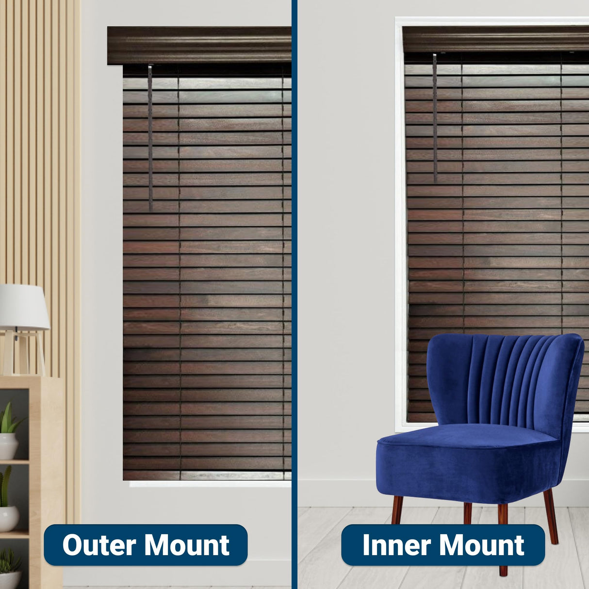 TailorView Customizable Wood Horizontal Cordless Window Blinds - 2 Inch Slats - Walnut (Medium-Dark Brown,) Outside or Inside Mount. TailorView