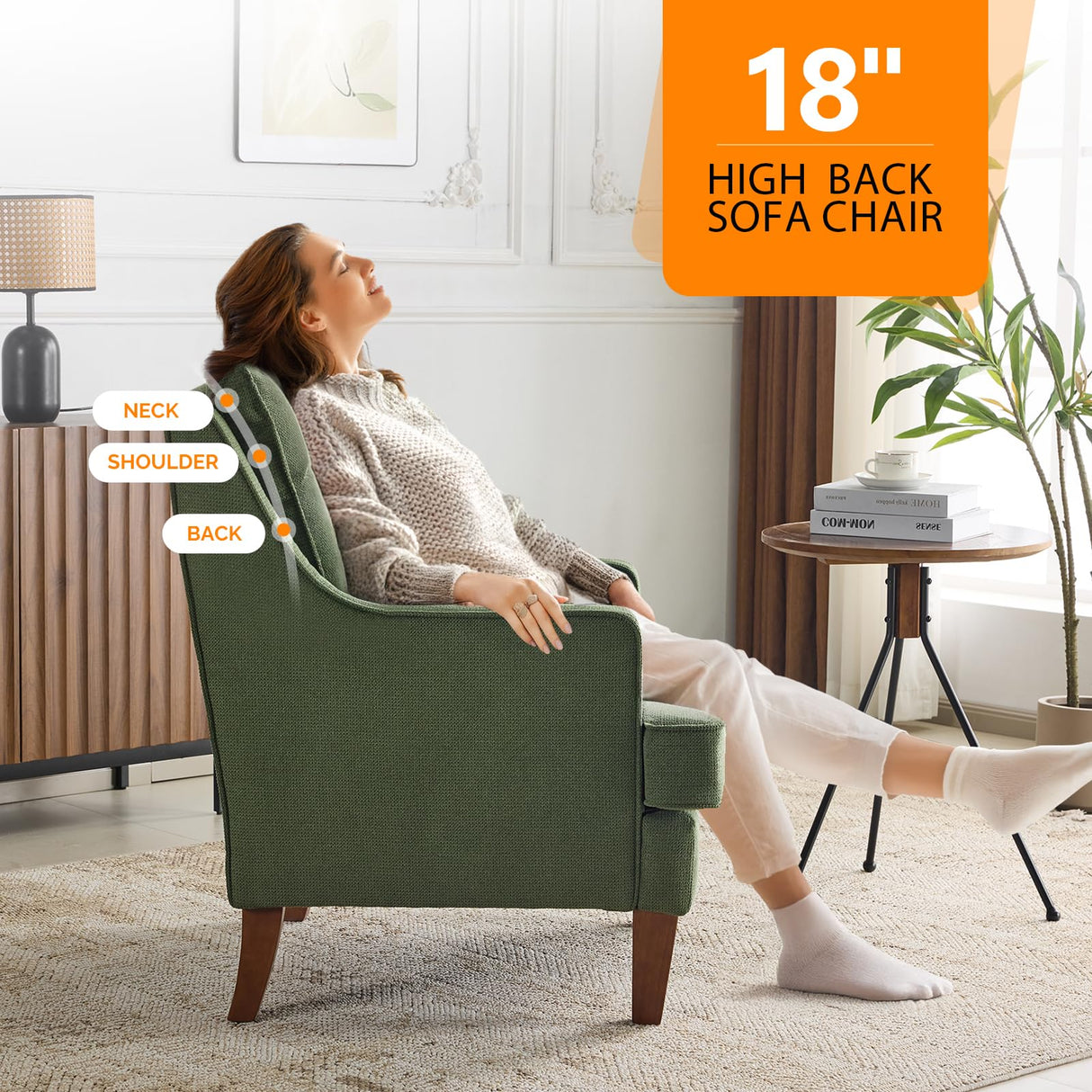 VINGLI Mid-Century Accent Chairs Set of 2, Green Upholstered Armchair Comfy Sofa Chairs Reading Chair High Back Living Room Bedroom Furniture for Apartment VINGLI