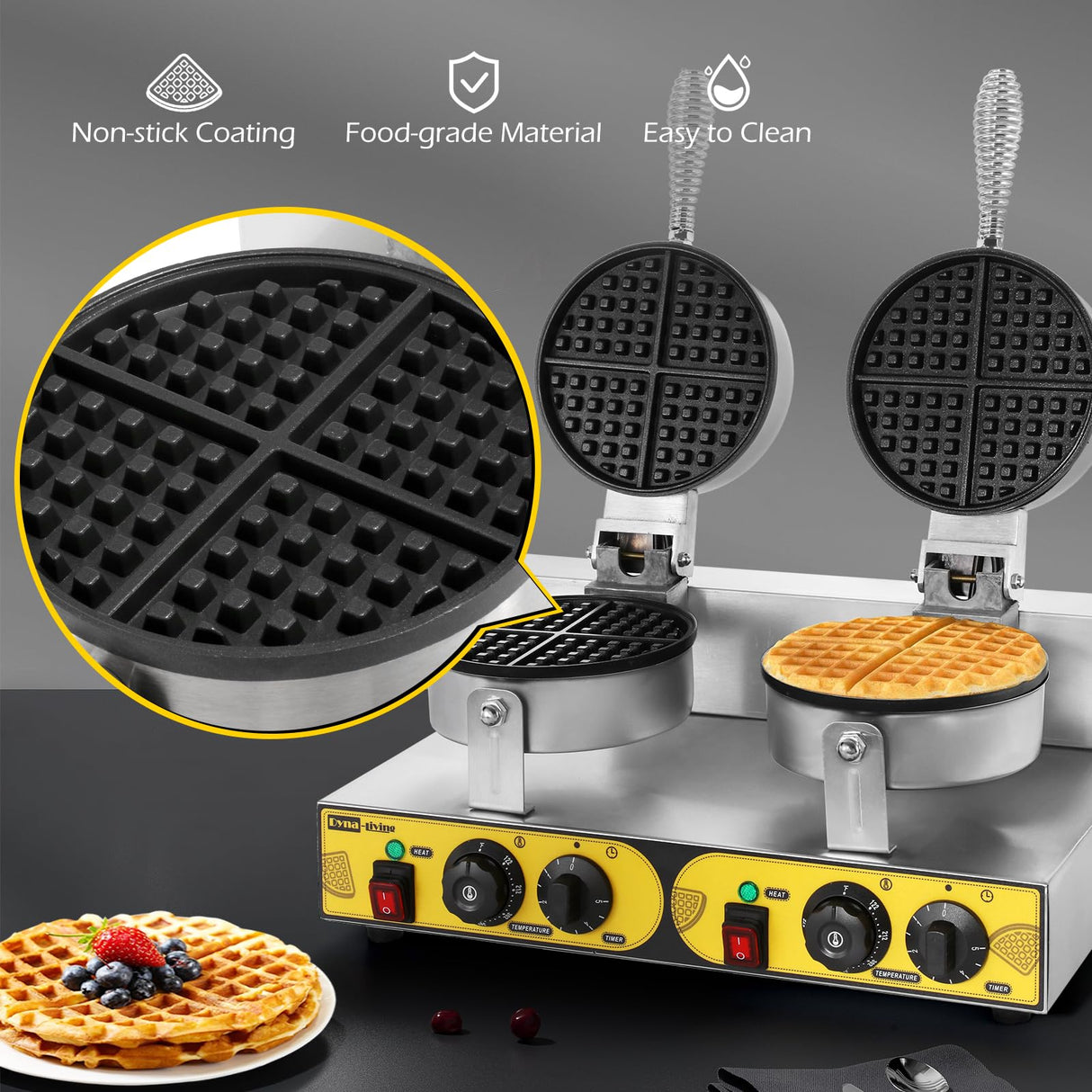 Dyna-Living Commercial Waffle Maker Double Waffle Maker, 2400W Non-Stick Commercial Waffle Maker Stainless Steel Waffle Iron Machine for Restaurants, Large Waffle Maker, Commercial Waffle Machine Dyna-Living