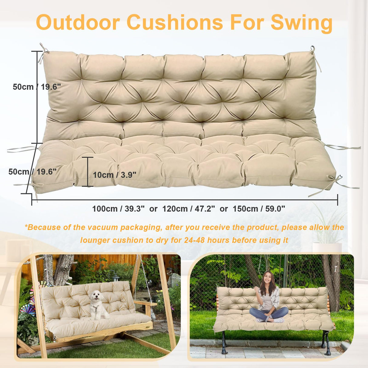 NANGELRN Porch Swing Cushion with Backrest,Waterproof Bench Cushion for Outdoor Furniture,2-3 Seater Replacement Thickened Swing Cushion with Ties,Patio,Outdoor,Backyard and Garden (Black,47x40) NANGELRN