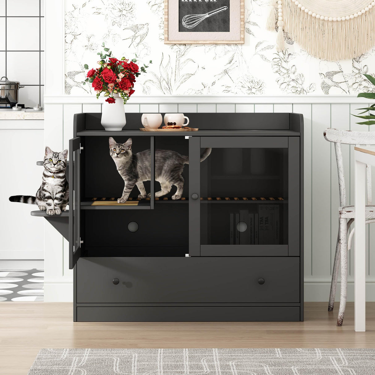 DAWNSPACES Extra Large Cat Litter Box Enclosure Furniture Hidden, Cat Condo Cabinet Pet House with Stairs for 2, Nightstand Side Table witha Large Drawer for Living Room, Black DAWNSPACES